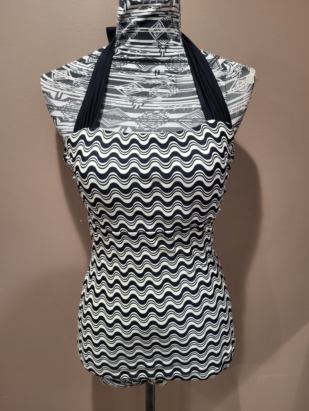 Classic Black & White Halter One-Piece Swim Tankini Top